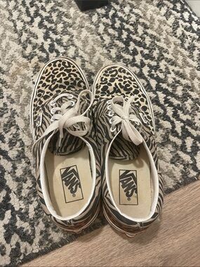 Vans Low-Top Animal Print Sneakers in Beige, Black & White